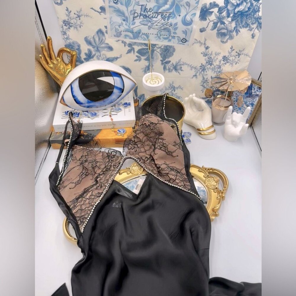 🆕 SELF PORTRAIT 🧿 NWT Black Lace Satin Maxi Dress, Sz US 2 / UK 6 - Picture 2 of 16